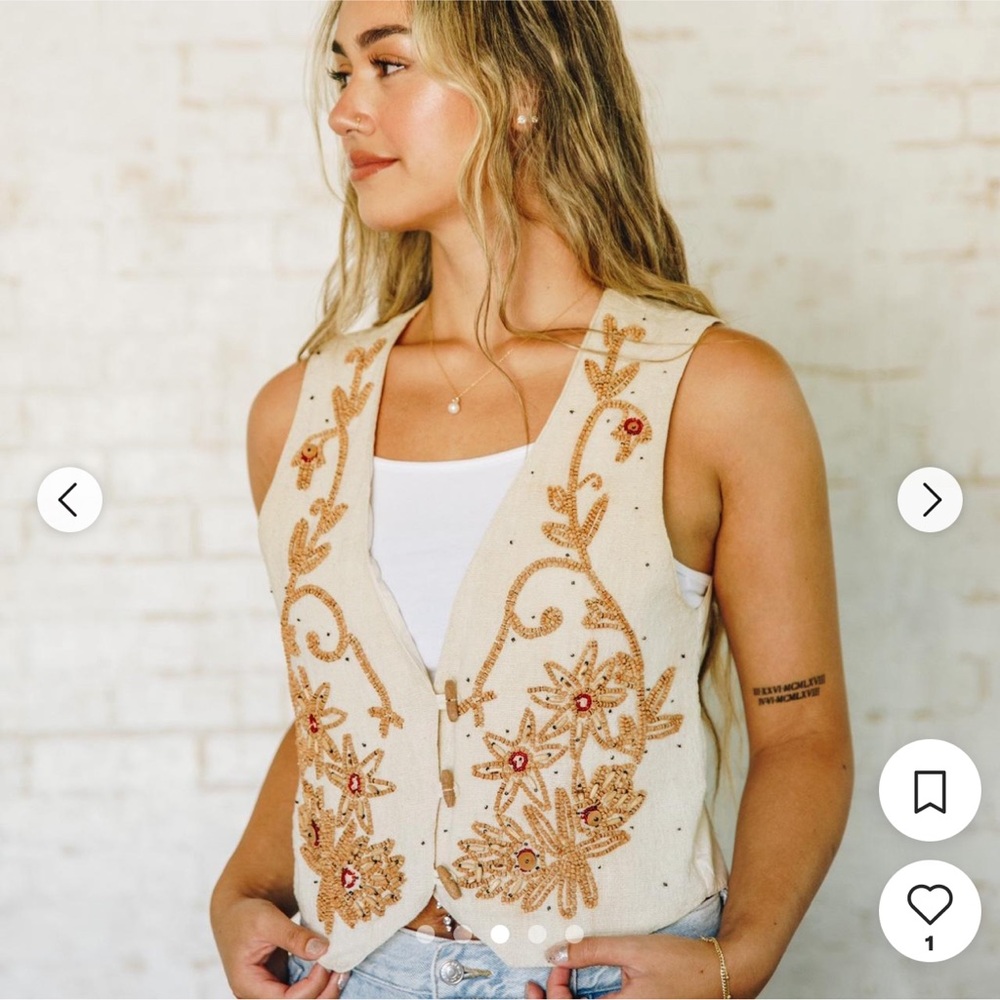 Vintage Red Rover Beaded‎ Western Vest Size Small Neutral Cream Tan